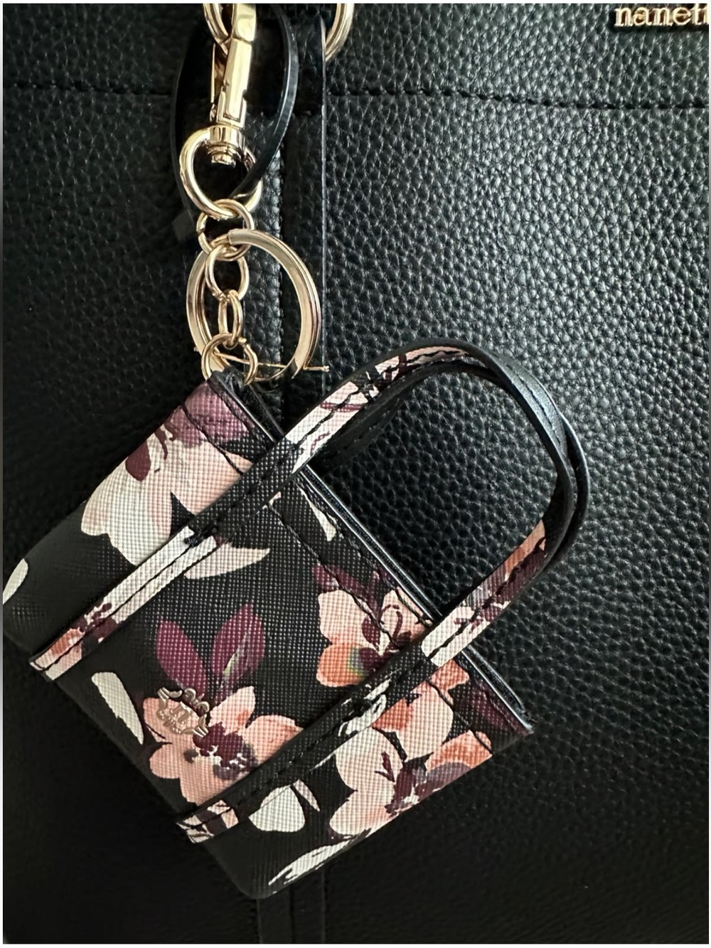 NANETTE LEPORE Mini Tote Bag Charm Keychain Like New Black Floral